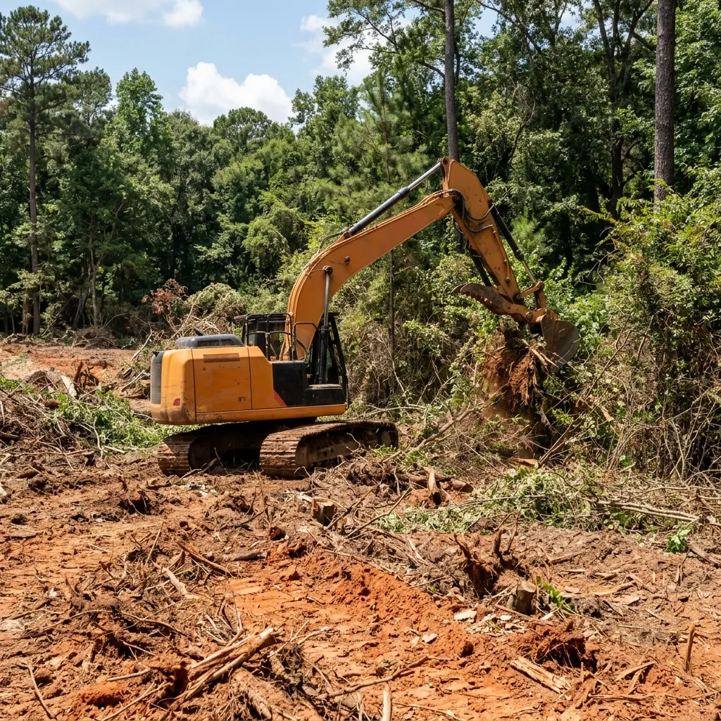 Heavy equipment removing fallen trees and debris from a property