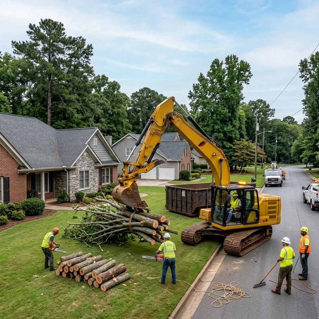 Land clearing equipment removing brush and vegetation from an overgrown property