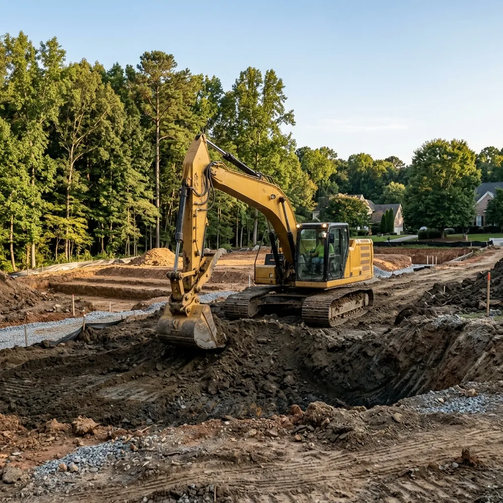 Excavator performing grading and excavation work on a residential property in Marietta, GA